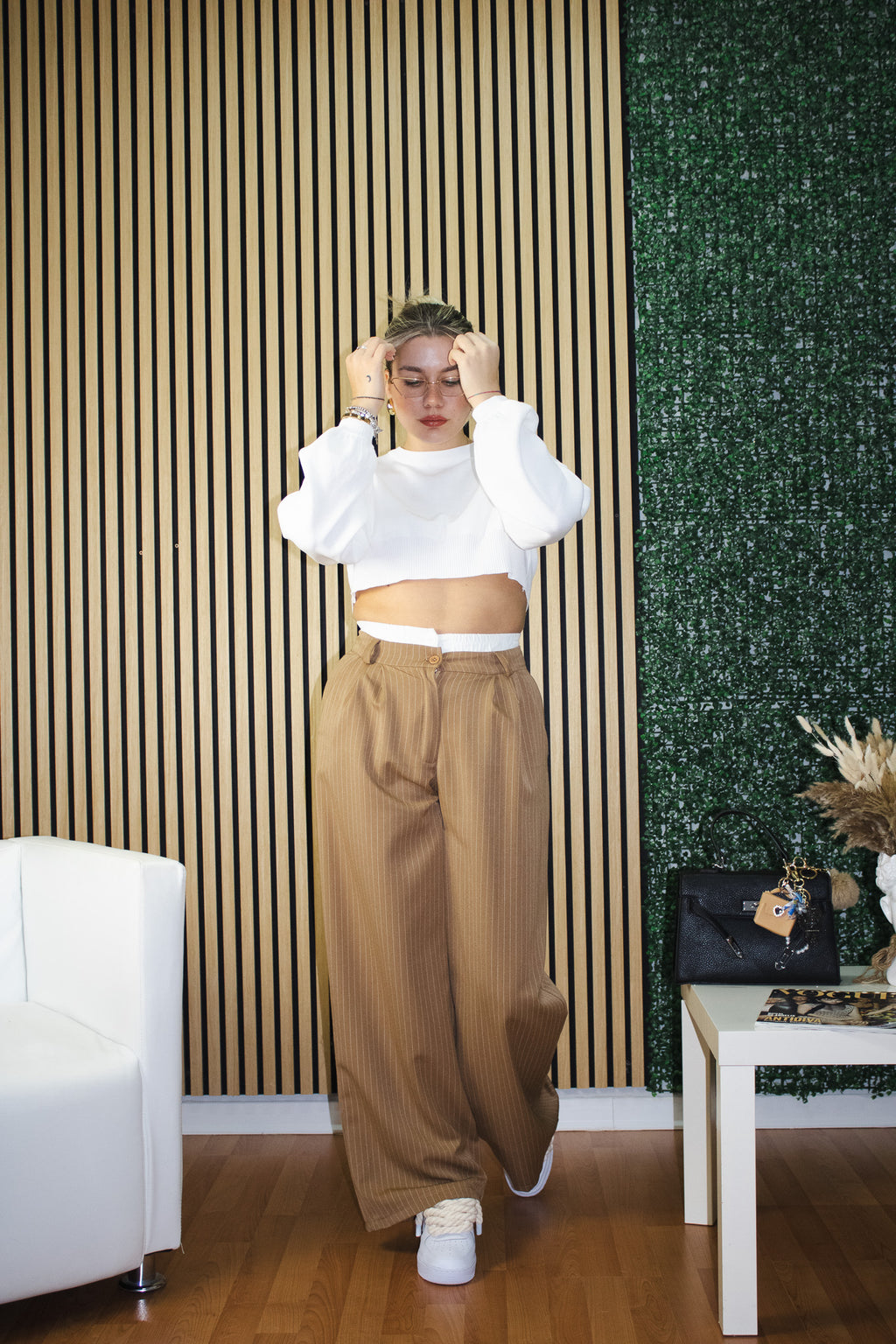 Pantalone Dalila gessato cammello